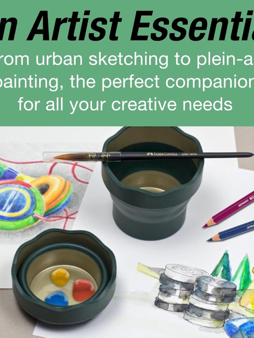 Clic & Go Artist Water Cup, Dark Green - Travel-Friendly Collapsible Brush Clean - Picture 7 of 7